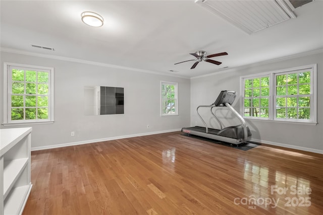 5016 Celeste Ct, Charlotte, NC 28270 - exercise room with ornamental molding, baseboards, light wood-style flooring, and a ceiling fan