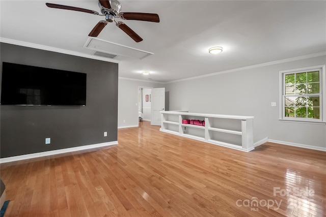 5016 Celeste Ct, Charlotte, NC 28270 - unfurnished room featuring attic access, ceiling fan, ornamental molding, light wood finished floors, and baseboards