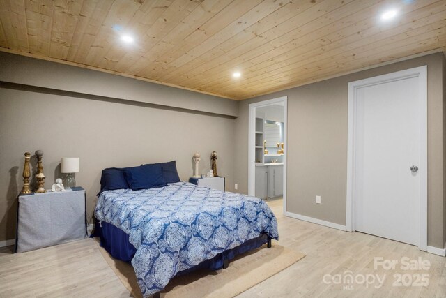 1109 S Highland Ave, Landis, NC 28088 - bedroom featuring recessed lighting, light wood-style flooring, wood ceiling, baseboards, and connected bathroom