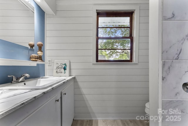 1109 S Highland Ave, Landis, NC 28088 - bathroom with vanity, wood finished floors, wooden walls, and toilet