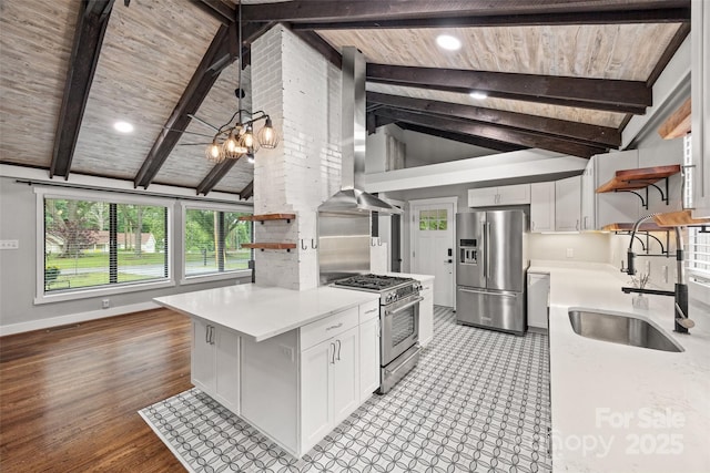 605 Cobb St, Lowell, NC 28098 - kitchen featuring stainless steel appliances, open shelves, wall chimney exhaust hood, light countertops, and wood ceiling