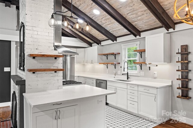 605 Cobb St, Lowell, NC 28098 - kitchen with open shelves, a sink, white cabinetry, light countertops, and wooden ceiling