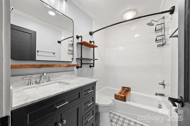 605 Cobb St, Lowell, NC 28098 - full bath featuring vanity, toilet, ornamental molding, and bathing tub / shower combination
