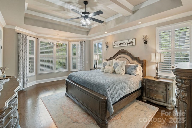 118 Tuscany Trl, Mooresville, NC 28117 - bedroom with a tray ceiling, wood finished floors, coffered ceiling, baseboards, and recessed lighting