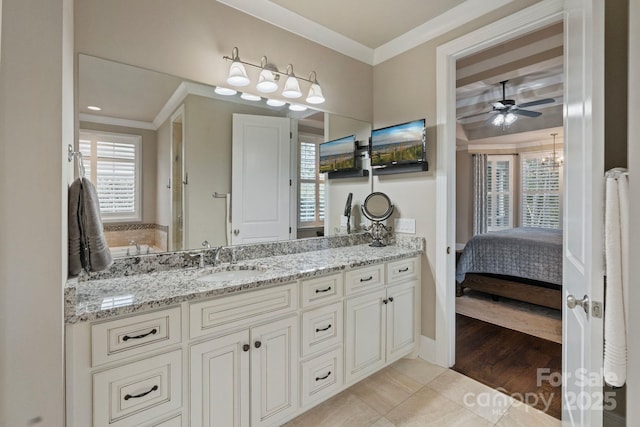 118 Tuscany Trl, Mooresville, NC 28117 - ensuite bathroom featuring vanity, ornamental molding, and ceiling fan