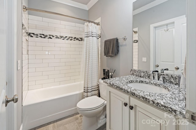 118 Tuscany Trl, Mooresville, NC 28117 - bathroom featuring vanity, toilet, shower / tub combo with curtain, and crown molding