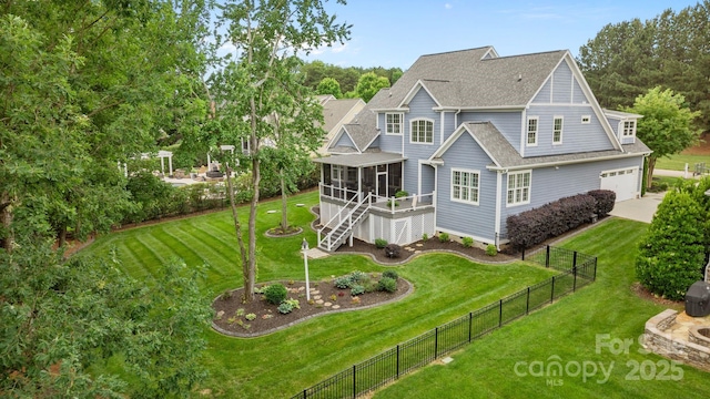 118 Tuscany Trl, Mooresville, NC 28117 - shingle-style home featuring a sunroom, a shingled roof, driveway, and stairway