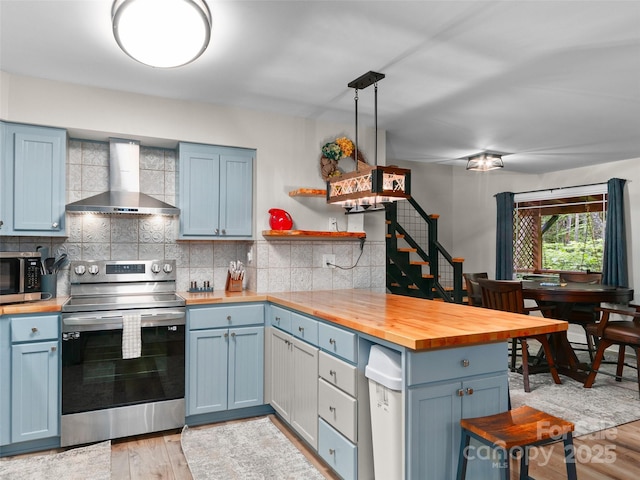 306 Mashstomp Rd, Maggie Valley, NC 28751 - kitchen featuring stainless steel appliances, wall chimney range hood, and blue cabinets
