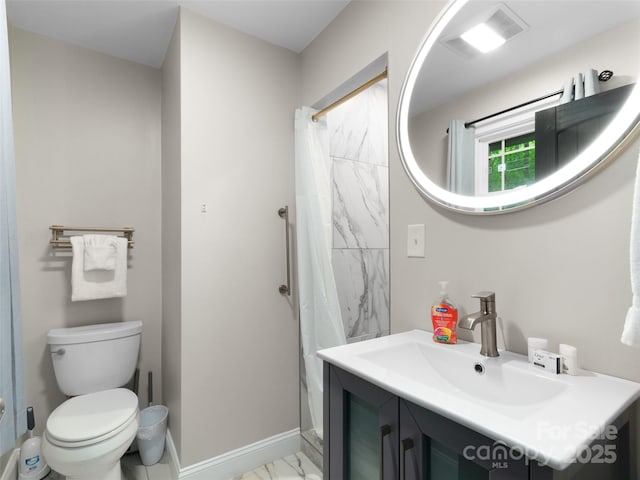 306 Mashstomp Rd, Maggie Valley, NC 28751 - bathroom featuring vanity, toilet, a shower with shower curtain, baseboards, and marble look tile flooring