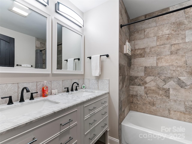 306 Mashstomp Rd, Maggie Valley, NC 28751 - bathroom featuring double vanity, shower / bath combination, and backsplash