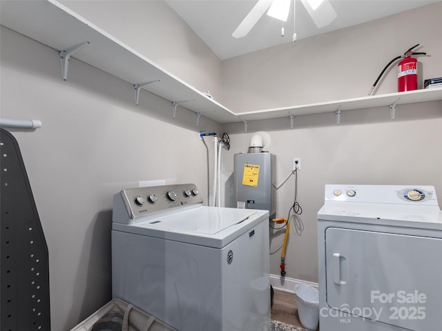 306 Mashstomp Rd, Maggie Valley, NC 28751 - laundry area with washer and dryer, baseboards, ceiling fan, wood finished floors, and water heater