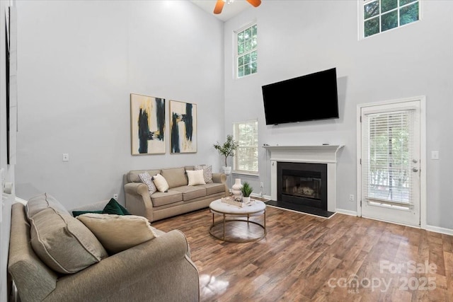 1410 Swaying Branch Ln, Clover, SC 29710 - living room featuring ceiling fan, a towering ceiling, wood finished floors, plenty of natural light, and a glass covered fireplace