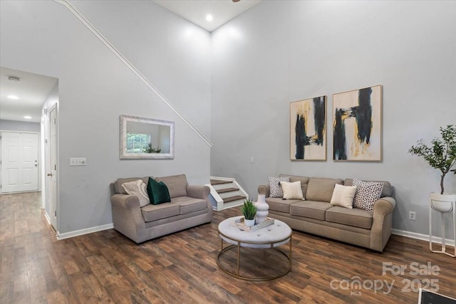 1410 Swaying Branch Ln, Clover, SC 29710 - living room featuring a high ceiling, baseboards, wood finished floors, and recessed lighting