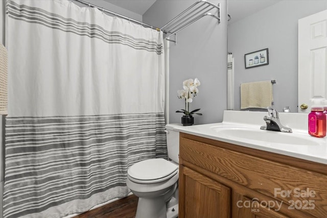1410 Swaying Branch Ln, Clover, SC 29710 - full bath featuring vanity, toilet, wood finished floors, and a shower with curtain