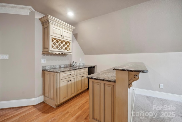 100 Woodwinds Dr, Mount Holly, NC 28120 - indoor wet bar featuring baseboards, light wood finished floors, lofted ceiling, and recessed lighting