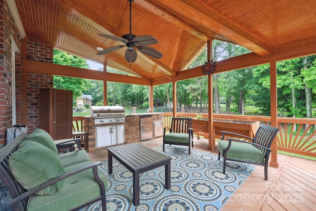 100 Woodwinds Dr, Mount Holly, NC 28120 - sunroom / solarium featuring a ceiling fan, exterior kitchen, and an outdoor hangout area