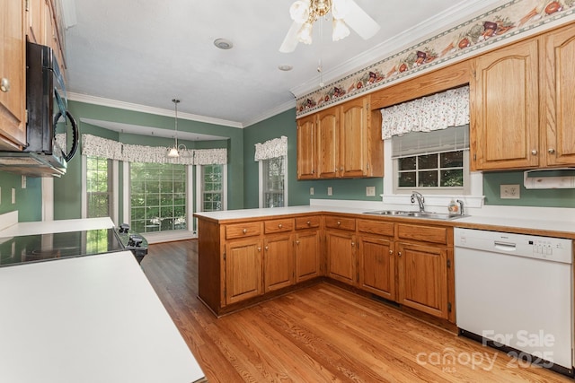 1750 Trellis Dr, Rock Hill, SC 29732 - kitchen featuring white dishwasher, a sink, black microwave, a peninsula, and light wood-type flooring