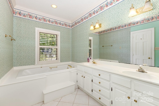 1750 Trellis Dr, Rock Hill, SC 29732 - bathroom featuring crown molding, a garden tub, double vanity, tile patterned floors, and recessed lighting