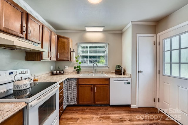 2009 Pinevalley Rd, Rock Hill, SC 29732 - kitchen with white appliances, a sink, under cabinet range hood, light wood-type flooring, and crown molding