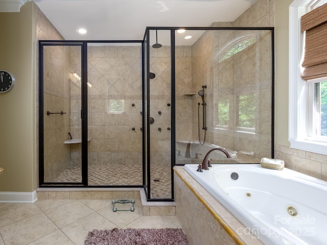 41 Annakesta Ct, Brevard, NC 28712 - bathroom with a tub with jets, a stall shower, tile patterned flooring, baseboards, and recessed lighting