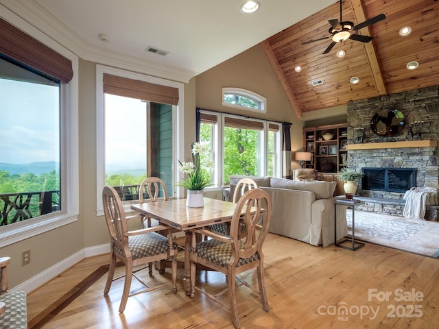 41 Annakesta Ct, Brevard, NC 28712 - dining space with a fireplace, ceiling fan, light wood finished floors, baseboards, and recessed lighting