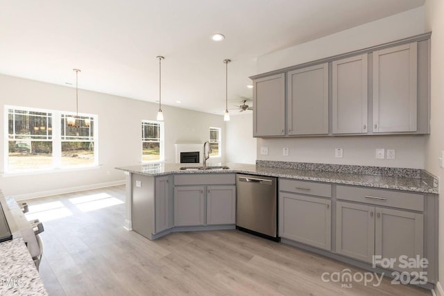 236 Mountain Island Rd Unit 40, Statesville, NC 28677 - kitchen with gray cabinets, dishwasher, a sink, a peninsula, and recessed lighting