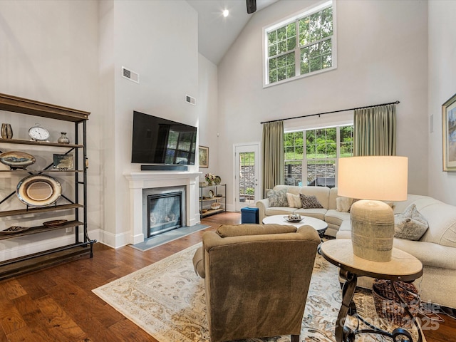 5030 Waldron Meadow Dr, Charlotte, NC 28226 - living area with high vaulted ceiling, a fireplace with flush hearth, dark wood-style flooring, and baseboards