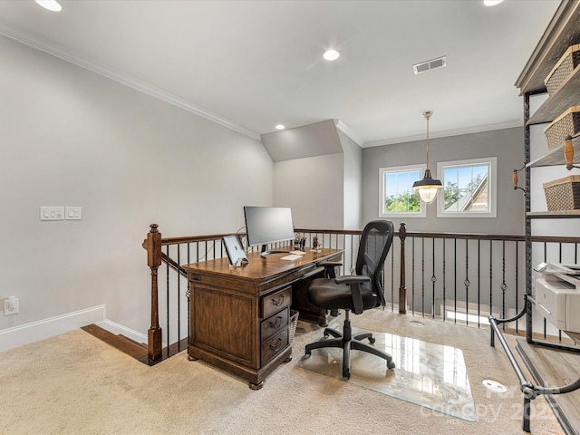 5030 Waldron Meadow Dr, Charlotte, NC 28226 - office featuring crown molding, light carpet, baseboards, and recessed lighting