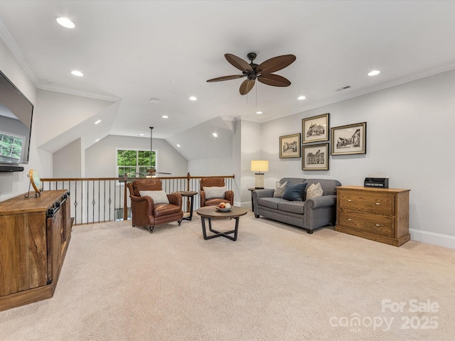 5030 Waldron Meadow Dr, Charlotte, NC 28226 - living area featuring ceiling fan, light colored carpet, recessed lighting, ornamental molding, and baseboards