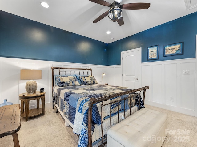 5030 Waldron Meadow Dr, Charlotte, NC 28226 - bedroom featuring carpet floors, a decorative wall, a wainscoted wall, recessed lighting, and ceiling fan