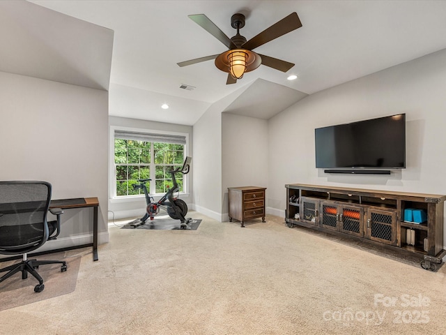5030 Waldron Meadow Dr, Charlotte, NC 28226 - carpeted office space featuring lofted ceiling, baseboards, recessed lighting, and ceiling fan