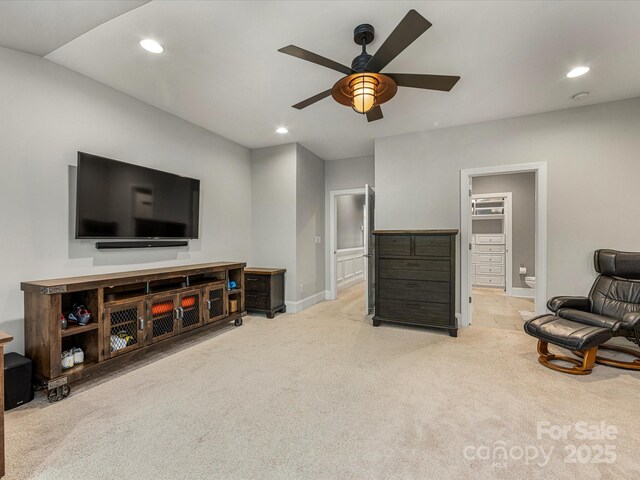 5030 Waldron Meadow Dr, Charlotte, NC 28226 - living area featuring light carpet, a ceiling fan, recessed lighting, and baseboards