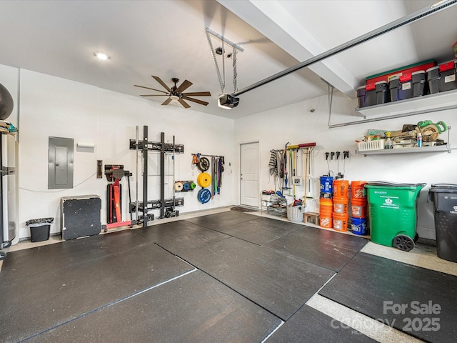 5030 Waldron Meadow Dr, Charlotte, NC 28226 - garage featuring electric panel and a ceiling fan