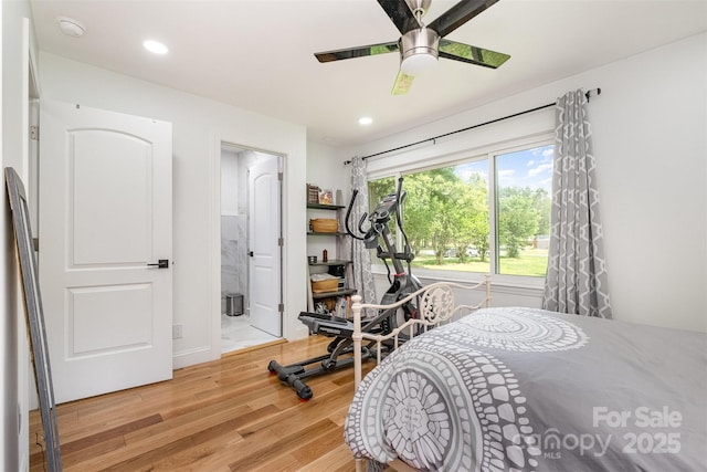 2320 Doster Rd, Monroe, NC 28112 - bedroom featuring wood finished floors, recessed lighting, ensuite bath, and a ceiling fan