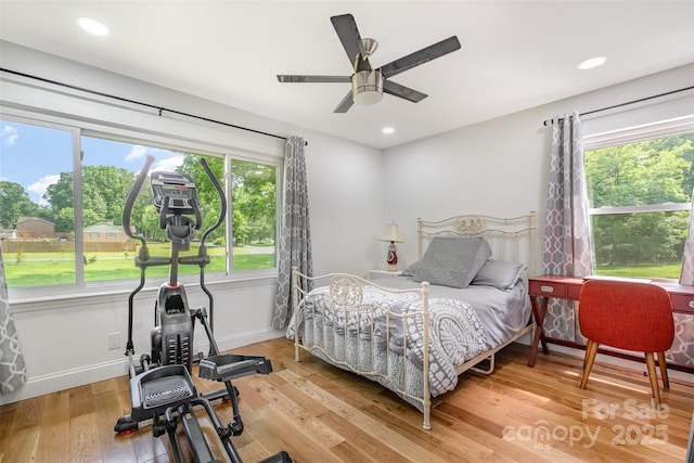 2320 Doster Rd, Monroe, NC 28112 - bedroom featuring light wood-style flooring, baseboards, ceiling fan, and recessed lighting