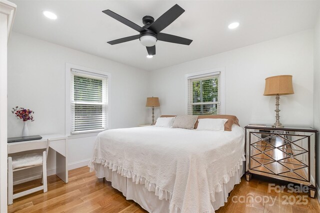 2320 Doster Rd, Monroe, NC 28112 - bedroom with light wood-type flooring, recessed lighting, baseboards, and a ceiling fan