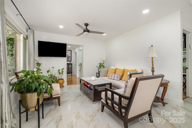 2320 Doster Rd, Monroe, NC 28112 - living area featuring ceiling fan, recessed lighting, light marble finish floors, and baseboards