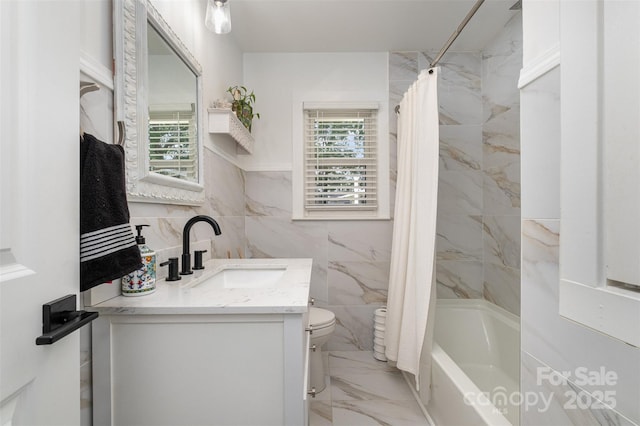 2320 Doster Rd, Monroe, NC 28112 - bathroom featuring marble look tile flooring, toilet, vanity, tile walls, and shower / bath combination with curtain