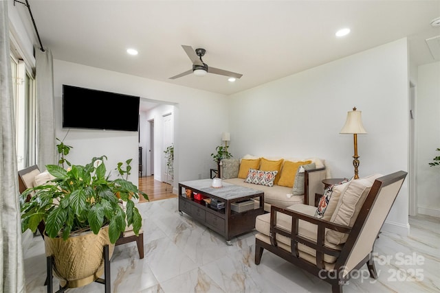 2320 Doster Rd, Monroe, NC 28112 - living room featuring ceiling fan, recessed lighting, and light marble finish flooring