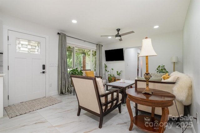 2320 Doster Rd, Monroe, NC 28112 - living area featuring light marble finish floors, recessed lighting, and ceiling fan
