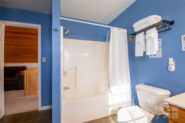 693 Blackberry Ridge Rd, Burnsville, NC 28714 - full bath featuring vanity, shower / bathtub combination with curtain, tile patterned flooring, and toilet