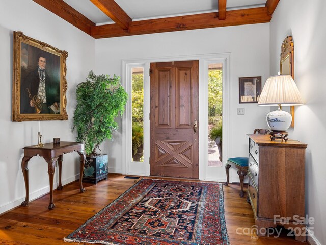 1360 Skunk Hollow Rd, Campobello, SC 29322 - entrance foyer with wood-type flooring, beamed ceiling, coffered ceiling, and baseboards