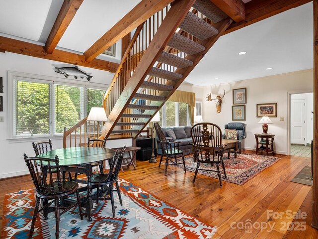 1360 Skunk Hollow Rd, Campobello, SC 29322 - dining room with hardwood / wood-style floors, beam ceiling, baseboards, stairway, and recessed lighting