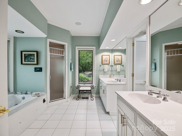 1360 Skunk Hollow Rd, Campobello, SC 29322 - full bath featuring ornamental molding, tile patterned floors, a shower stall, two vanities, and a bath