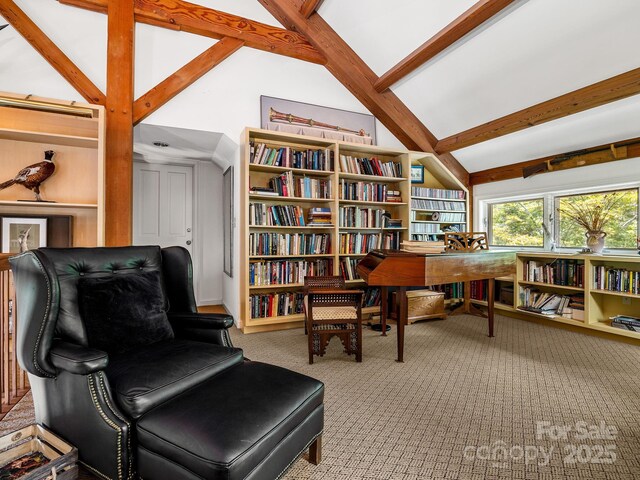 1360 Skunk Hollow Rd, Campobello, SC 29322 - living area featuring carpet flooring, beamed ceiling, and high vaulted ceiling