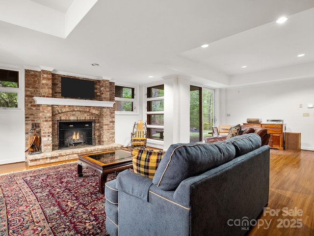 1360 Skunk Hollow Rd, Campobello, SC 29322 - living room with healthy amount of natural light, wood finished floors, a fireplace, and recessed lighting