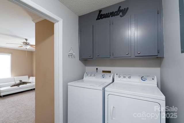 103 Poplar Trl, Rockwell, NC 28138 - laundry room with cabinet space, washing machine and clothes dryer, a ceiling fan, and carpet flooring