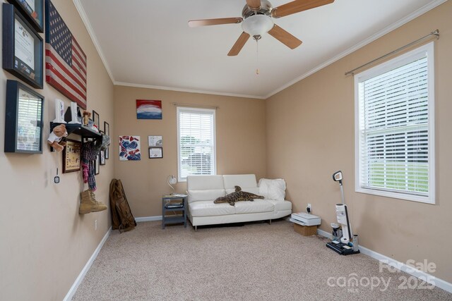 103 Poplar Trl, Rockwell, NC 28138 - living area with carpet flooring, ornamental molding, baseboards, and ceiling fan