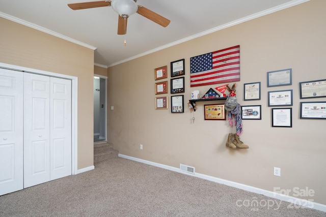 103 Poplar Trl, Rockwell, NC 28138 - carpeted bedroom featuring baseboards, ornamental molding, a closet, and a ceiling fan