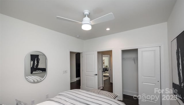 411 Newstyle Way, Gastonia, NC 28056 - bedroom featuring a closet, recessed lighting, ceiling fan, baseboards, and dark wood-type flooring
